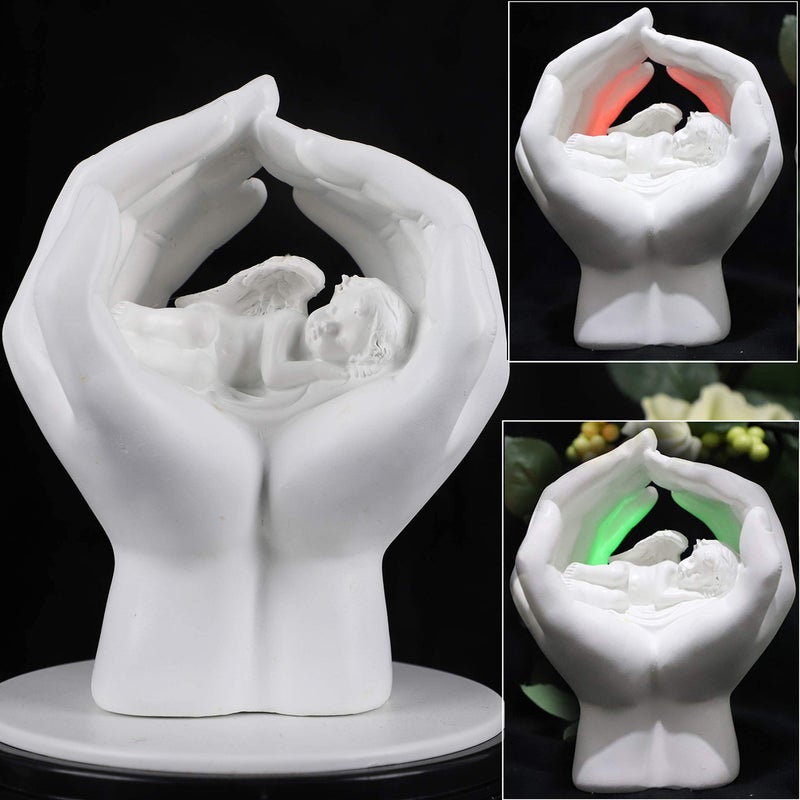 JUNIQUTE Sleeping Resting Angel in God's Hand with Colorful Light Fairy Garden Deco Cupid Statue Home Deco Cherub Statue Baby Sculpture Figurine Memorial - Image 1